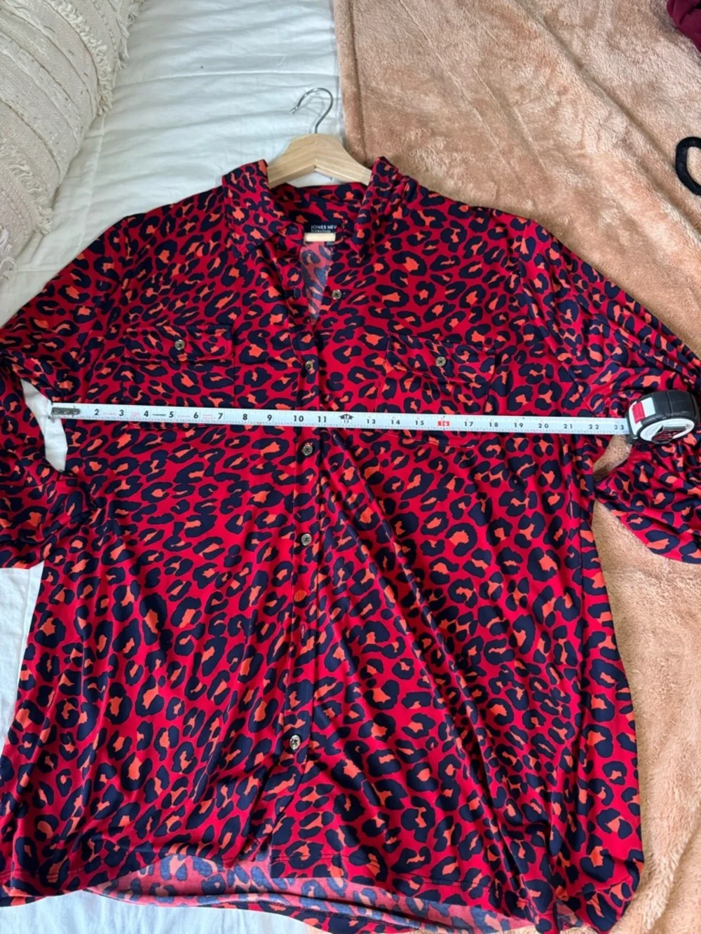 Women's Jones New York Red Leopard Print Blouse with Navy and Orange Spots - Picture 8 of 8
